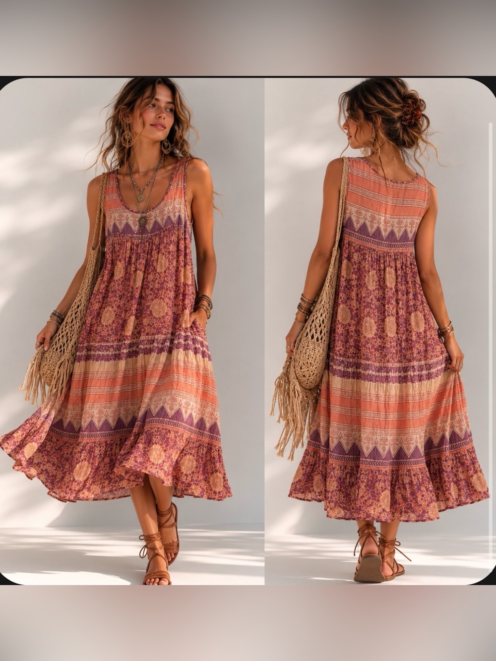 Boheme Peach and Mauve Sleeveless Printed Midi Dress
